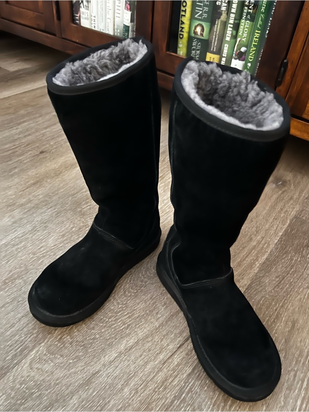 UGG Tall Black Suede Winter Boots with Gray Shearling